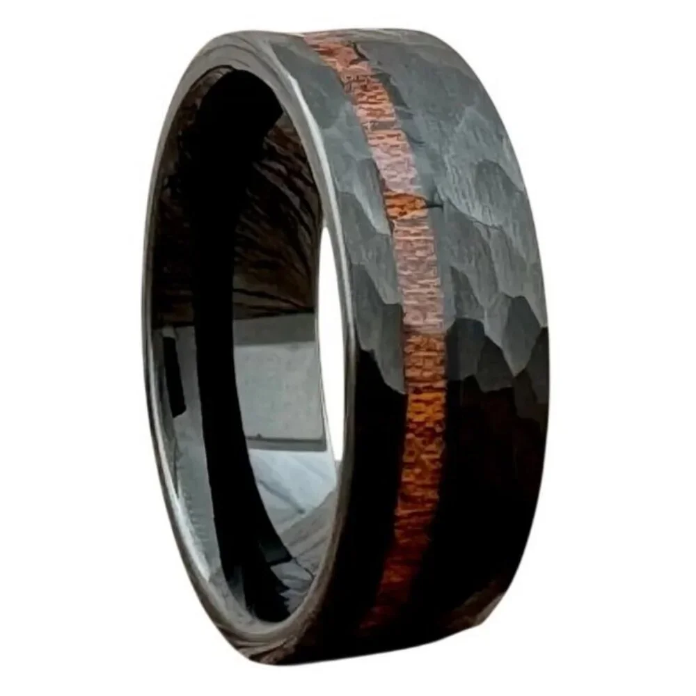 Hammered Tungsten Carbide Koa Wood Inlay Channel Wedding engagement ring